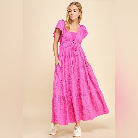 🟠 92B. Deep V-Neck Textured Tiered Maxi Dress - Orchid - Picture 6 of 12